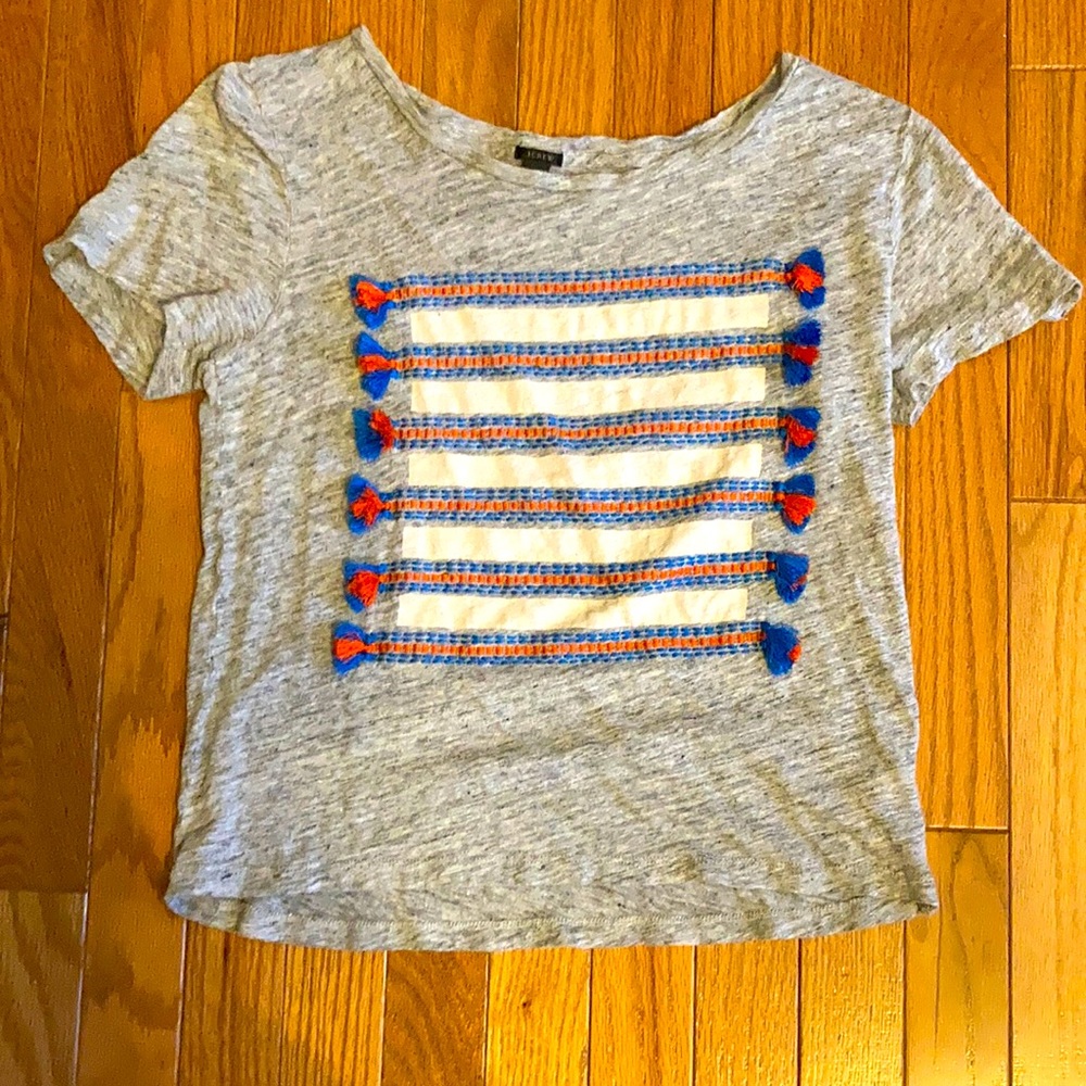 J CREW WOMENS JUNIORS TSHIRT TOP GRAY BLUE ORANGE POM POMS CUTE! 👀